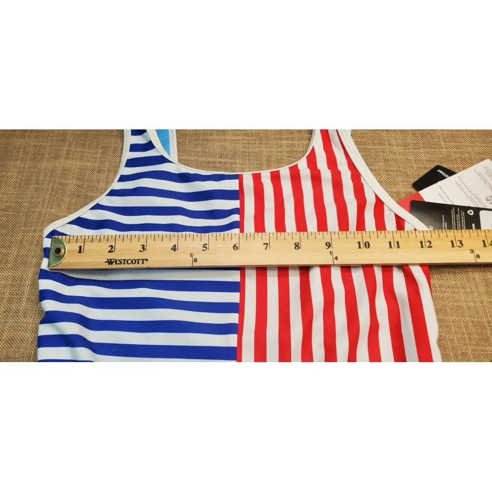 Speedo Girls' Striped Blocked 1 Piece Swimsuit Red White Blue SZ 14 NWT MSRP 42‎